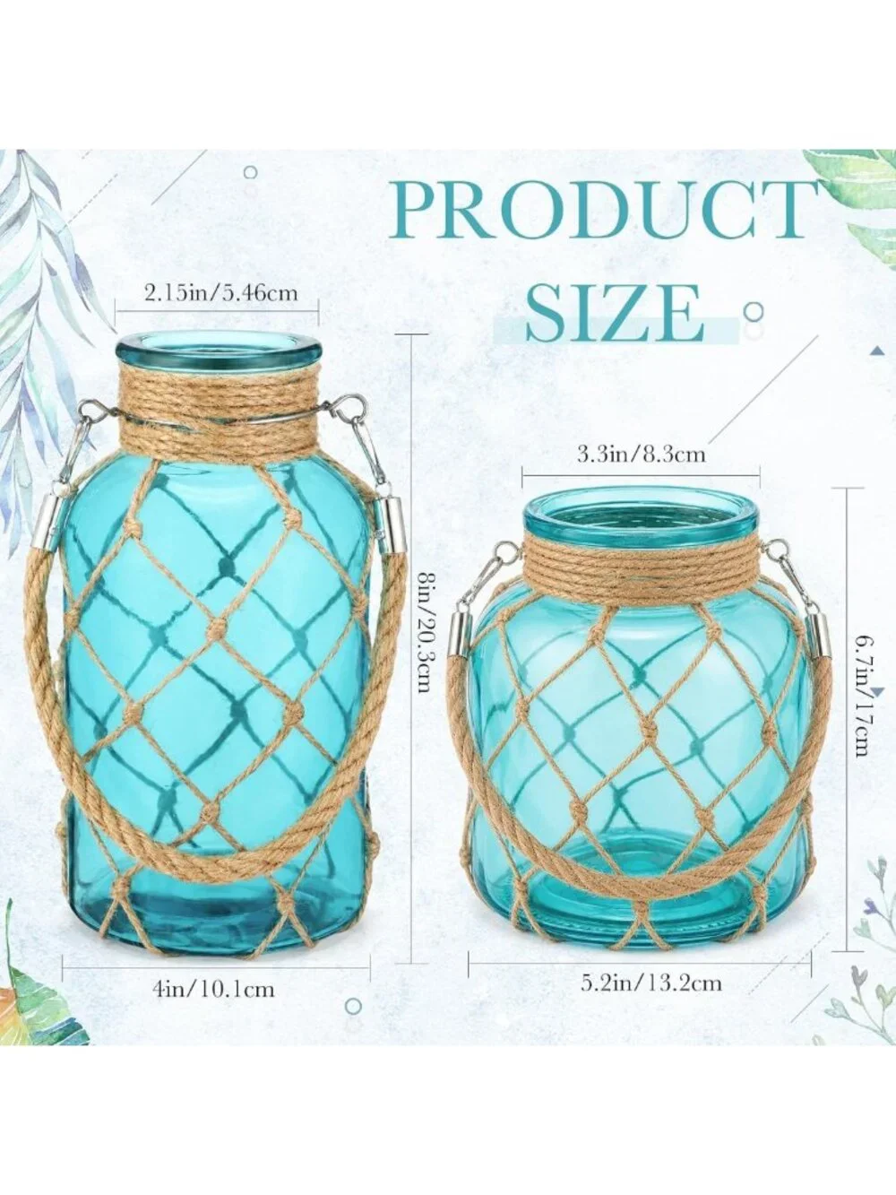 Set of 2 Boho Rope Net Hanging Vases - Rattan & Sea Glass for Beachy Decor